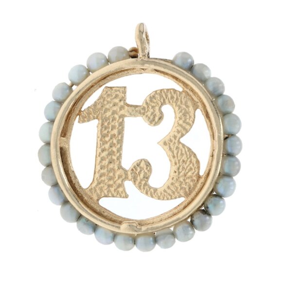 Yellow Gold Simulated Pearl Vintage 13 Charm -14k Lucky Number Birthday Pendant - Picture 1 of 4